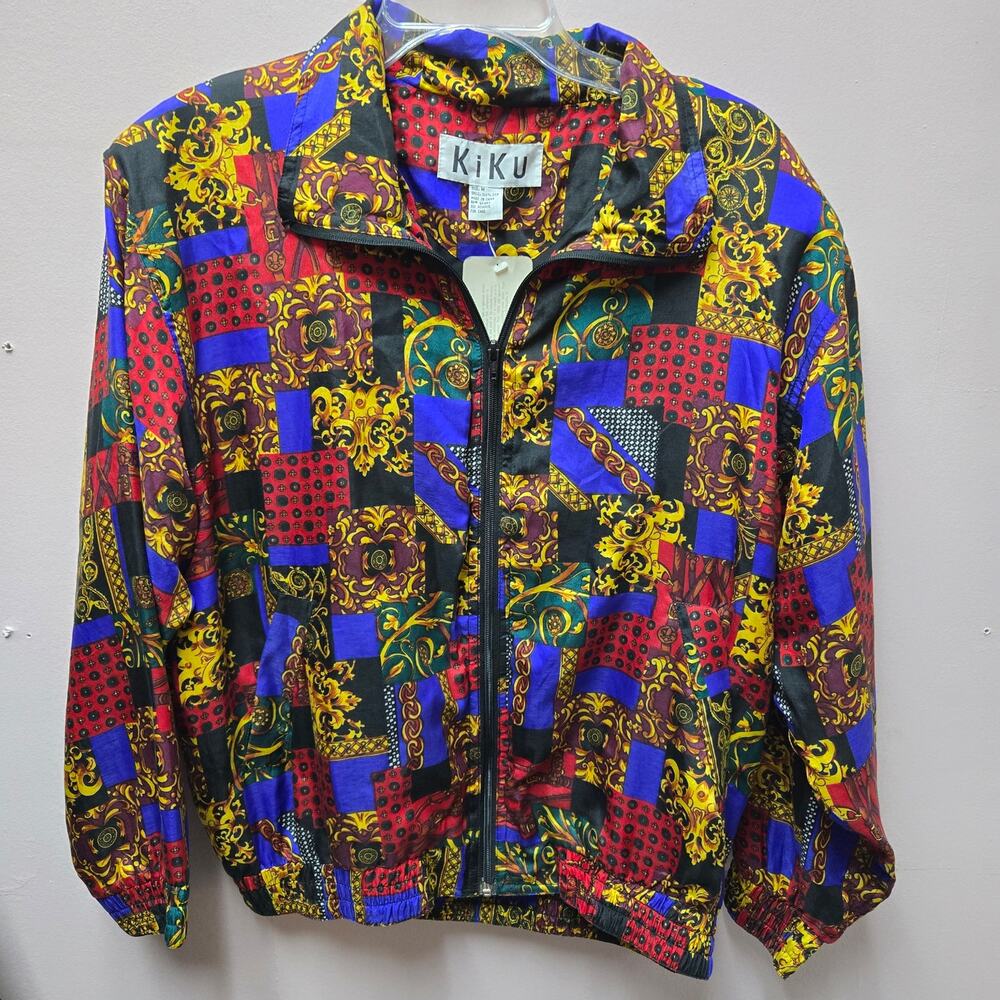 Kiku 80s Washed Silk Jacket Womens Medium NWT Patchwork Print Full Zip